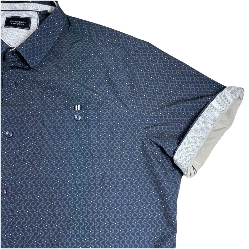 7Diamonds 4 Way Stretch Shirt Men M Short Sleeve Button Up Geometric Print Woven - Picture 7 of 9